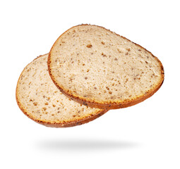 Two slices of rye bread close up, isolated on a white background