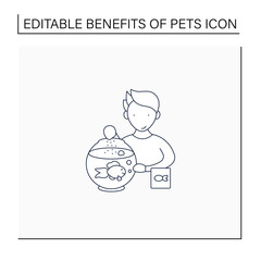 Pets benefits line icon.Teaching kids responsibility. Animal caring. Feed fish. Pets care concept. Isolated vector illustration.Editable stroke