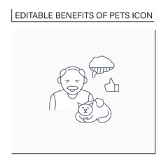 Pets benefits line icon. Cat help adults with Alzheimer disease. Animals soothe, reduce stress levels.Animal caring concept. Isolated vector illustration.Editable stroke