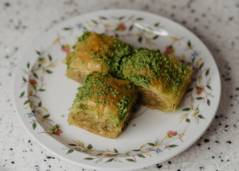 Traditional Middle Eastern Flavors. The local name of Baklava is Fıstıklı Baklava. Close up.