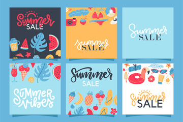Summer sale banners set. Hello summer elenents with lettering for card, flyer, banner, poster, social media design template.Colorful ice cream, pineapple, watermelon, tropical leaves. Vector templates