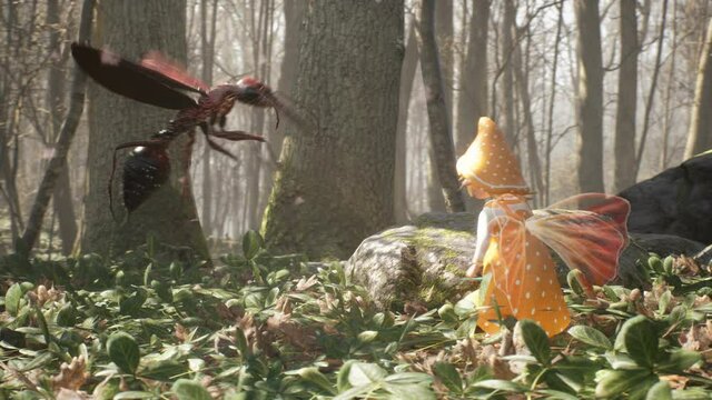 A cute brave elf fights with a magic elven sword with a terrible dangerous flying insect in a summer magic forest. Magic fairy concept. The animation for fantasy,fabulous or children's backgrounds