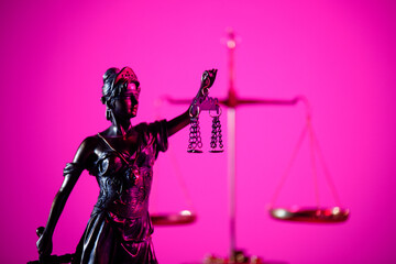 Judgment and law concept. Figure of Lady Justice in notary office in purple neon