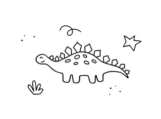 Dinosaur stegosaurus in doodle style. Hand drawn outline cute dino. Vector illustration.