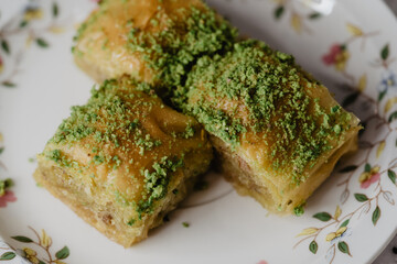 Traditional Middle Eastern Flavors. The local name of Baklava is Fıstıklı Baklava. Close up.