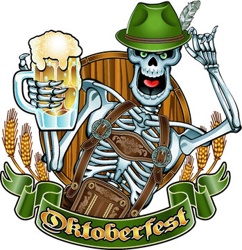 skeleton in oktoberfest outfit holding beer glass