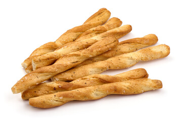 Crunchy bread sticks, cheese sticks, isolated on white background. High resolution image.