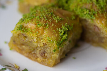 Traditional Middle Eastern Flavors. The local name of Baklava is Fıstıklı Baklava. Close up.
