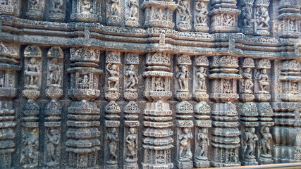 The beautiful sculptures of Konark sun temple  craved on stone built during 13th century,  situated at Konark, Odisha, India