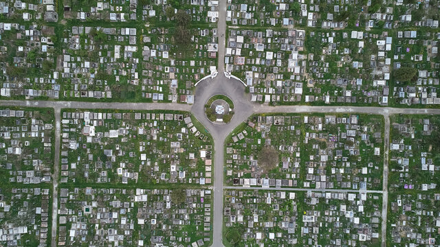 Aerial view. The city cemetery is completely filled.