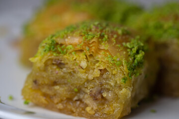 Traditional Middle Eastern Flavors. The local name of Baklava is Fıstıklı Baklava. Close up.