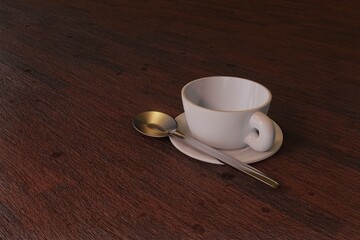 3d illustration of empty coffee cup with metal spoon on wooden table