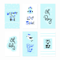 Baby boy card set - Hand drawn modern lettering with decorative elements - Vector illustration isolated, light blue, white colors - Design for postcard, baby shower, poster