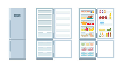 Closed and open empty refrigerator. Fridge and freezer full of food, vector illustration