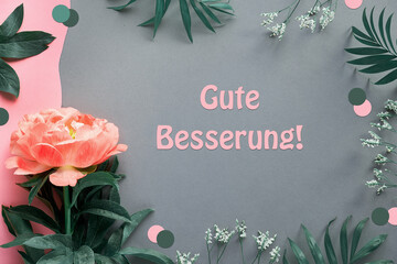 Happy birthday card with peony flower and exotic palm leaves. Single flower on pink and dark grey...