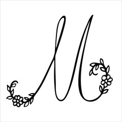 Capital letter M decorated with flowers and leaves. Vector floral logo isolated on white.