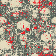Abstract seamless pattern with hand-drawn human skulls, goat head, blood stains, occult and ritual symbols on a dark backdrop. Vector grunge background on the theme of occultism, satanism, black magic