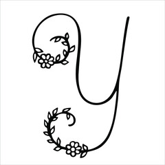 Capital letter Y decorated with flowers and leaves. Vector floral logo isolated on white.