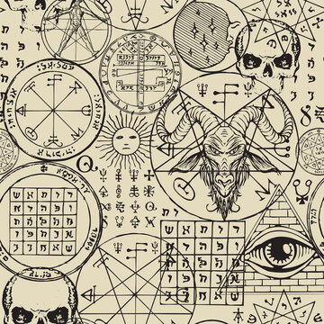 Abstract seamless pattern with hand-drawn goat head, all-seeing eye, human skulls, vitruvian man, masonic and esoteric symbols on an old paper backdrop. Monochrome vector background in retro style
