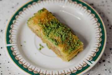 Traditional Middle Eastern Flavors. The local name of Baklava is Fıstıklı Baklava. Close up.