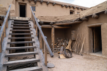 Stairs inside the outdoor courtyard at Bents Old Fort National Historic Site in La Junta Colorado along the Santa Fe Trail