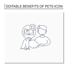 Pets benefits line icon. Parrot help boy with learning disorders. Nonverbal cues to communicate. Animal caring concept. Isolated vector illustration.Editable stroke
