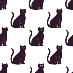 Black cats seamless pattern. Isolated on white background.