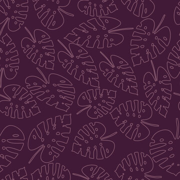 Seamless elegant pattern with light violet outline tropical monstera leaves on a dark violet background. The pattern can be used for wrapping papers,cards, wallpapers, covers, textile prints. Vector