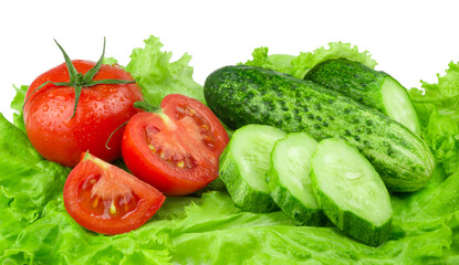 Ripe tomatoes and cucumbers in lettuce leaves isolated on white background in water drops. Fresh vegetables food.