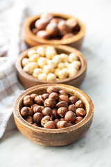 Peeled roasted hazelnut kernels.