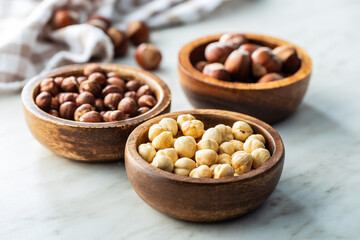 Peeled roasted hazelnut kernels.