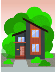 House facade. Dark grey two floor cottage with wooden decoration and balcony, modern architecture. Green trees on background. Idea of real estate. Isolated flat illustration vector 