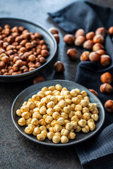 Peeled roasted hazelnut kernels.