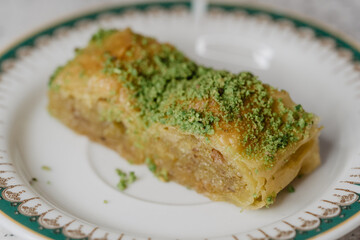 Traditional Middle Eastern Flavors. The local name of Baklava is Fıstıklı Baklava. Close up.