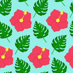 A seamless pattern of tropical flowers and monstera leaves.