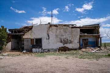 Abadoned building in complete ruins and disrepair, crumbling in the ghost town of Tyrone, Colorado, along the Santa Fe Trail