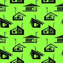 Stylized modern architecture seamless pattern. Black houses VECTOR ILLUSTRATION on green background.
