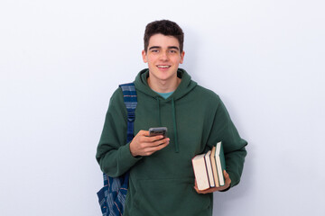 isolated student with mobile phone and backpack with books