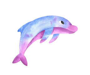 Dolphin watercolor illustration. Blue with pink dolphin isolated on white background. Ocean day. Children's room or card design