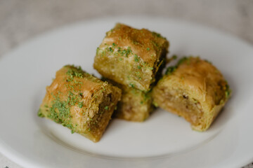 Traditional Middle Eastern Flavors. The local name of Baklava is Fıstıklı Baklava. Close up.