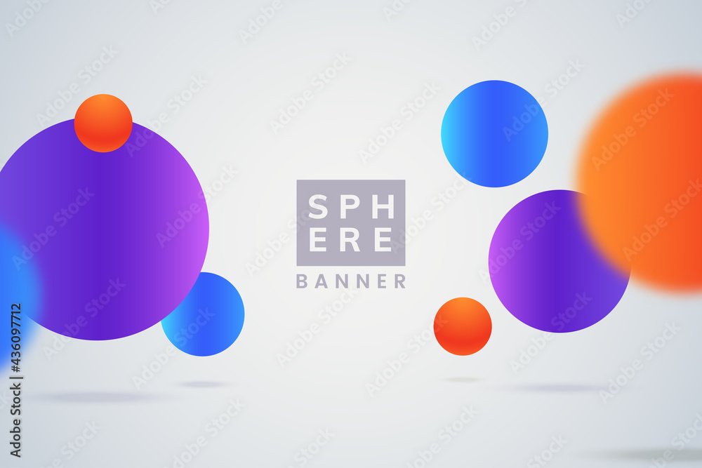 Poster Abstract simple background with colorful spheres. Banner design with bouncy balls in neon colours. Flying round bubbles isolated on white. Decorative gradient circles. Vector illustration.