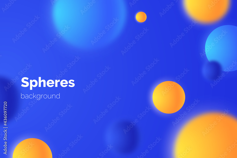 Poster Abctract simple background with colorful matte spheres isolated on dark. Banner design with yellow and blue floating bubbles in 3d style. Vector illustration.
