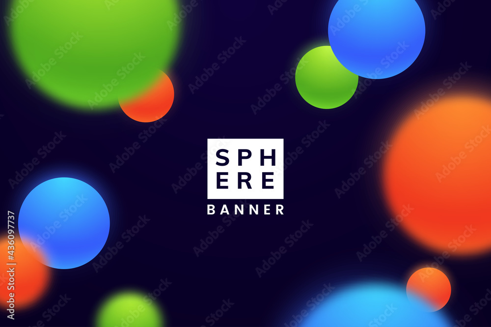 Poster Abctract simple background with colorful matte spheres isolated on dark. Banner design with floating bubbles in 3d style. Vector illustration.