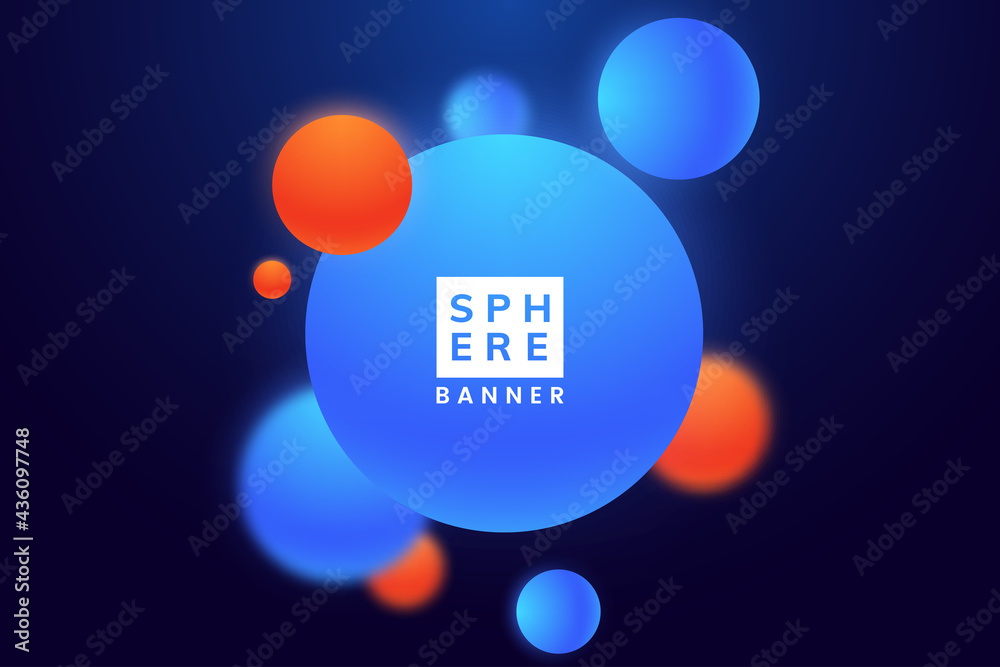 Aufkleber Blue and orange matte spheres isolated on dark. Abstract background with bright floating spheres. Simple banner design with colorful bubbles in 3d style. Vector illustration.