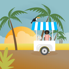 The girl sells ice cream on the street. Street market. Summer Sale. Street food. Ice cream. Summer, vacation, beach, palm trees. Summer landscape.