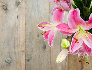 Pink lily flowers on rustic wooden background with copy space
