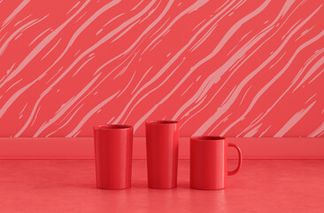 Obraz premium Three water classes side by side on pinkish kitchen countertop with wave pattern wall, close up front view, 3d rendering, no people