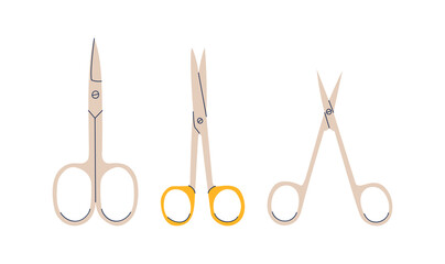 Flat vector cartoon set of three nail scissors. Isolated design on a white background.