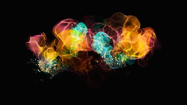 Abstract liquid smoke on the black background, fiery colours, fire explosion simulation with small gold elements splash