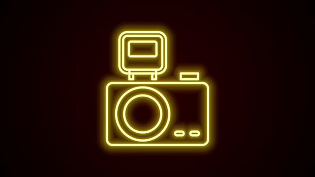 Glowing neon line Photo camera with lighting flash icon isolated on black background. Foto camera. Digital photography. 4K Video motion graphic animation